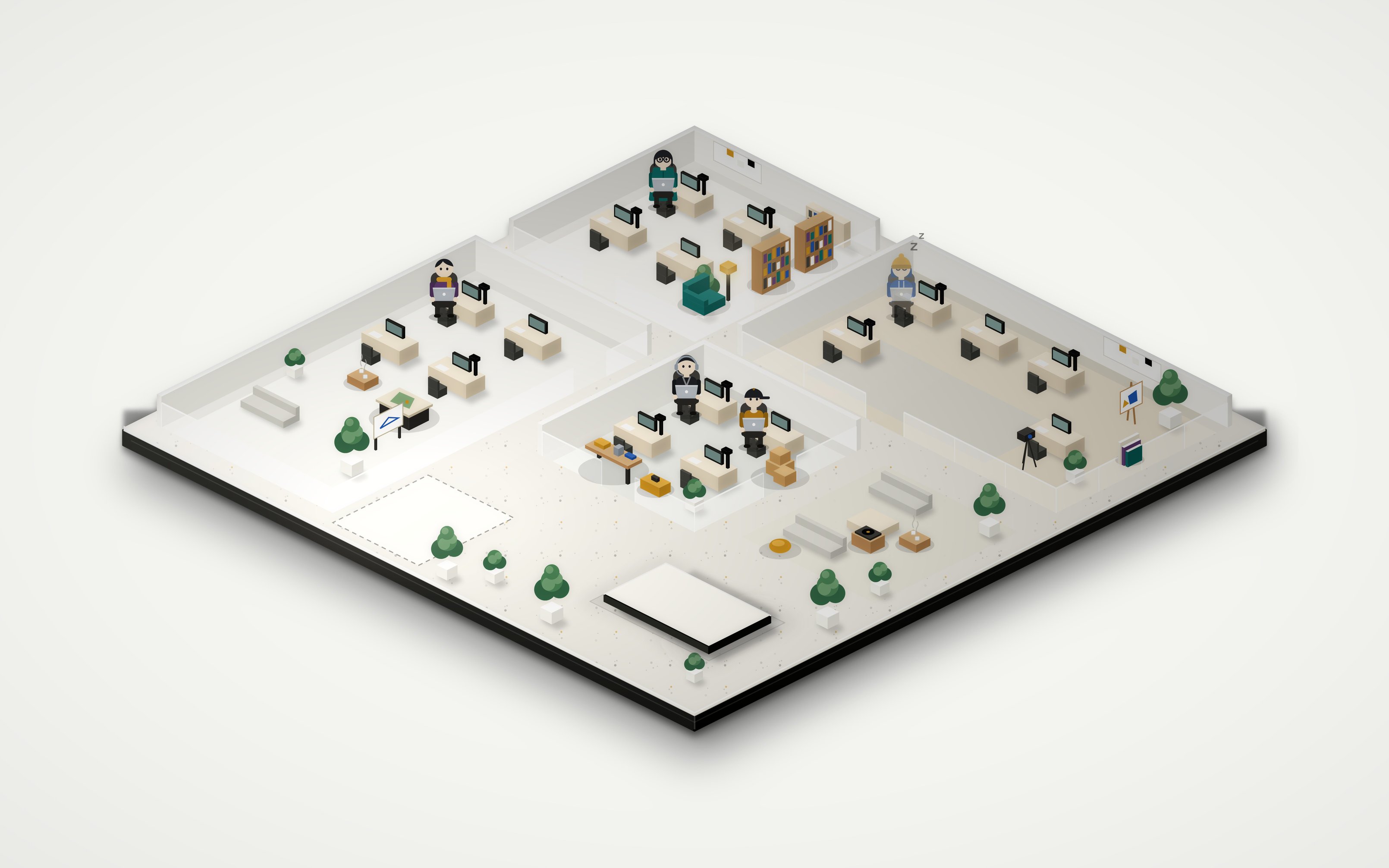 Example Alter HQ with sample bots at their desks